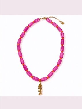 Mayamar Vibrant Pink Orange Beaded Necklace with 24k Gold Dipped Fishbone Charm